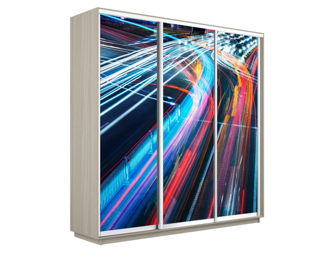 Шкаф-купе Экспресс 3-х дверный (Фото №1008 Ночная магистраль), Ясень Шимо светлый